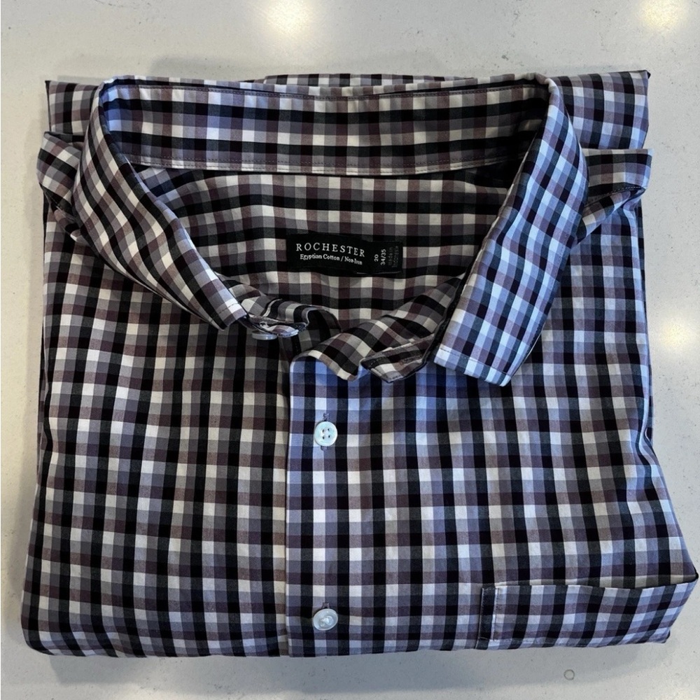 Rochester Egyptian Cotton Shirt Mens 20 34/35 Tall  Non Iron  Plaid Grey Black